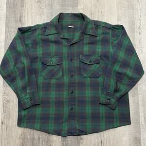 VTG 70s/80s Blackwatch Plaid Green/Blue 100% Cotton Flannel Shirt Mens Boxy XL